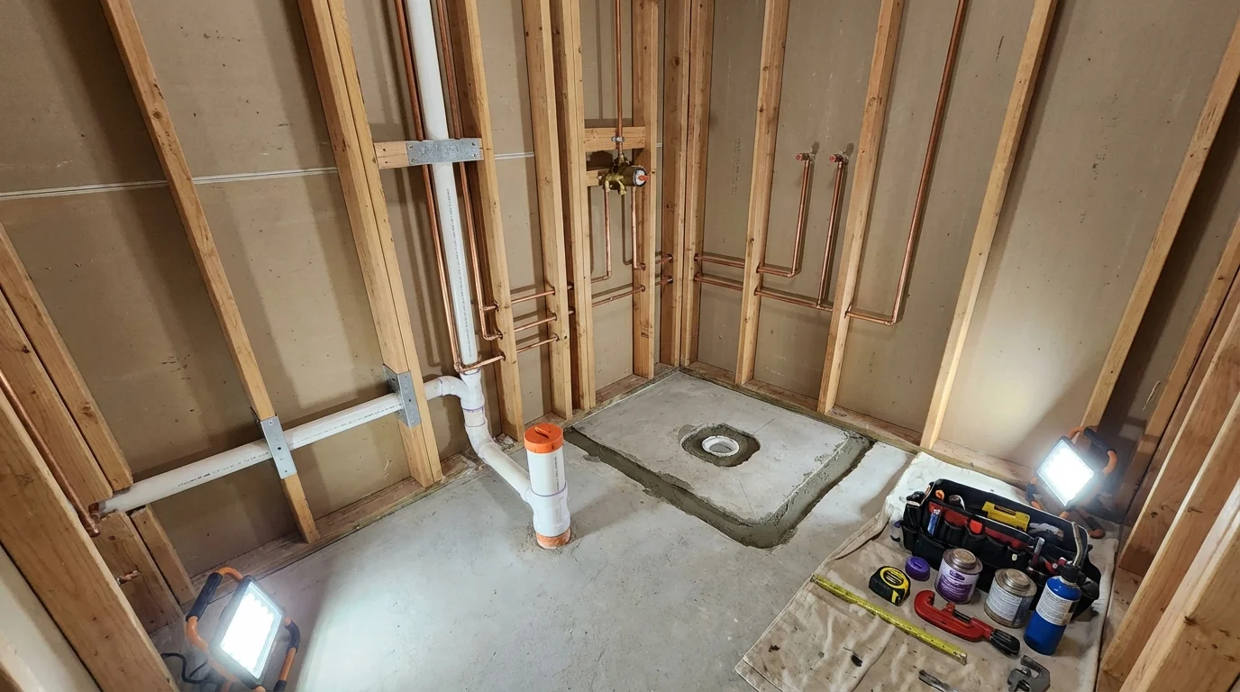 Bathroom rough-in plumbing during remodel by Johns Plumbing LLC in West Chicago
