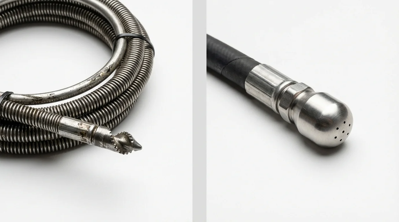 Drain snake cable and hydro jetting nozzle used for drain cleaning in West Chicago, IL