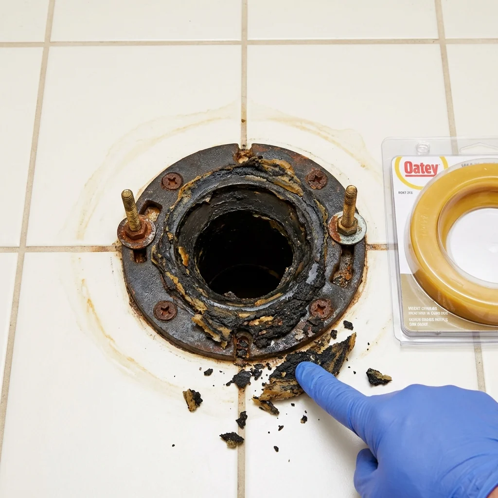Failed wax ring showing water seepage at the base of a toilet in a West Chicago, IL home