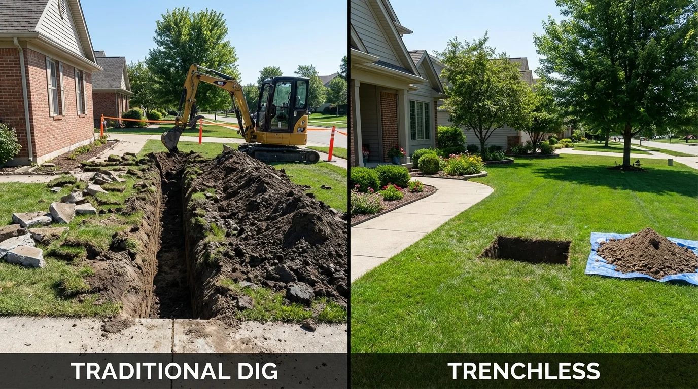 Trenchless sewer repair with minimal yard damage versus traditional excavation in West Chicago, IL
