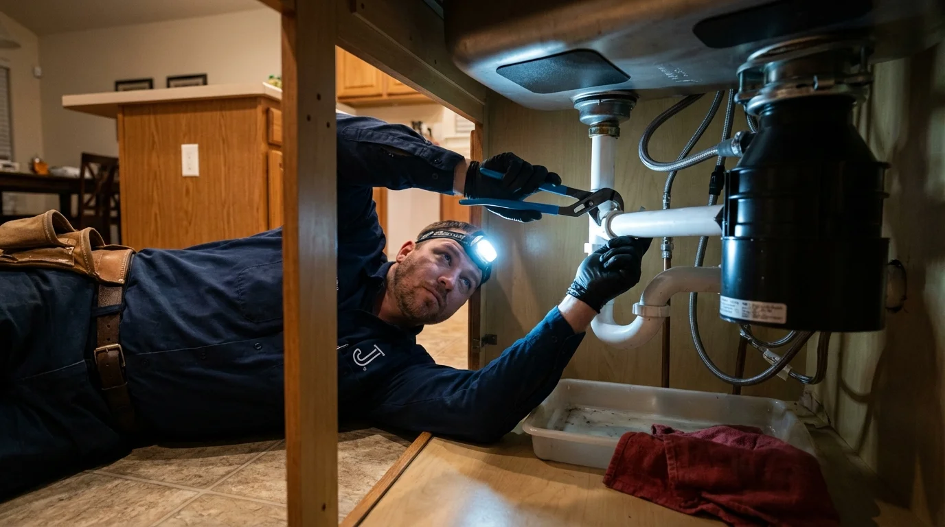P-trap and supply line connections under a kitchen sink showing a common leak point in West Chicago, IL